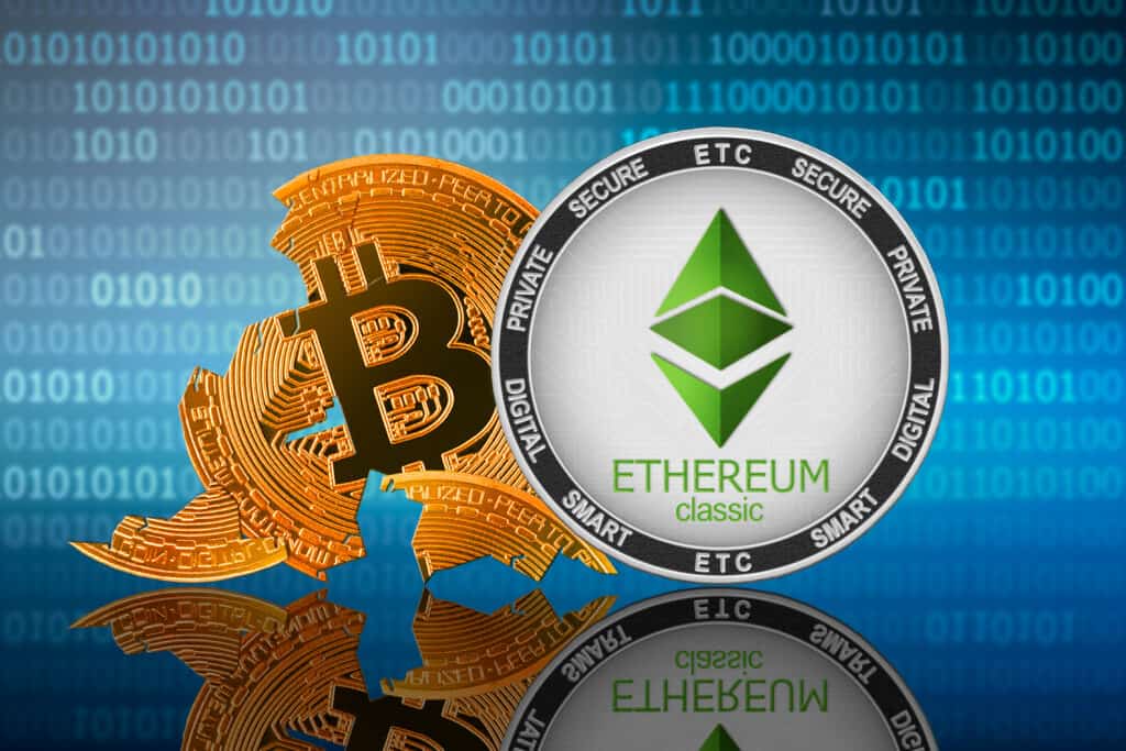Ethereum classic coin stands in front of bitcoin